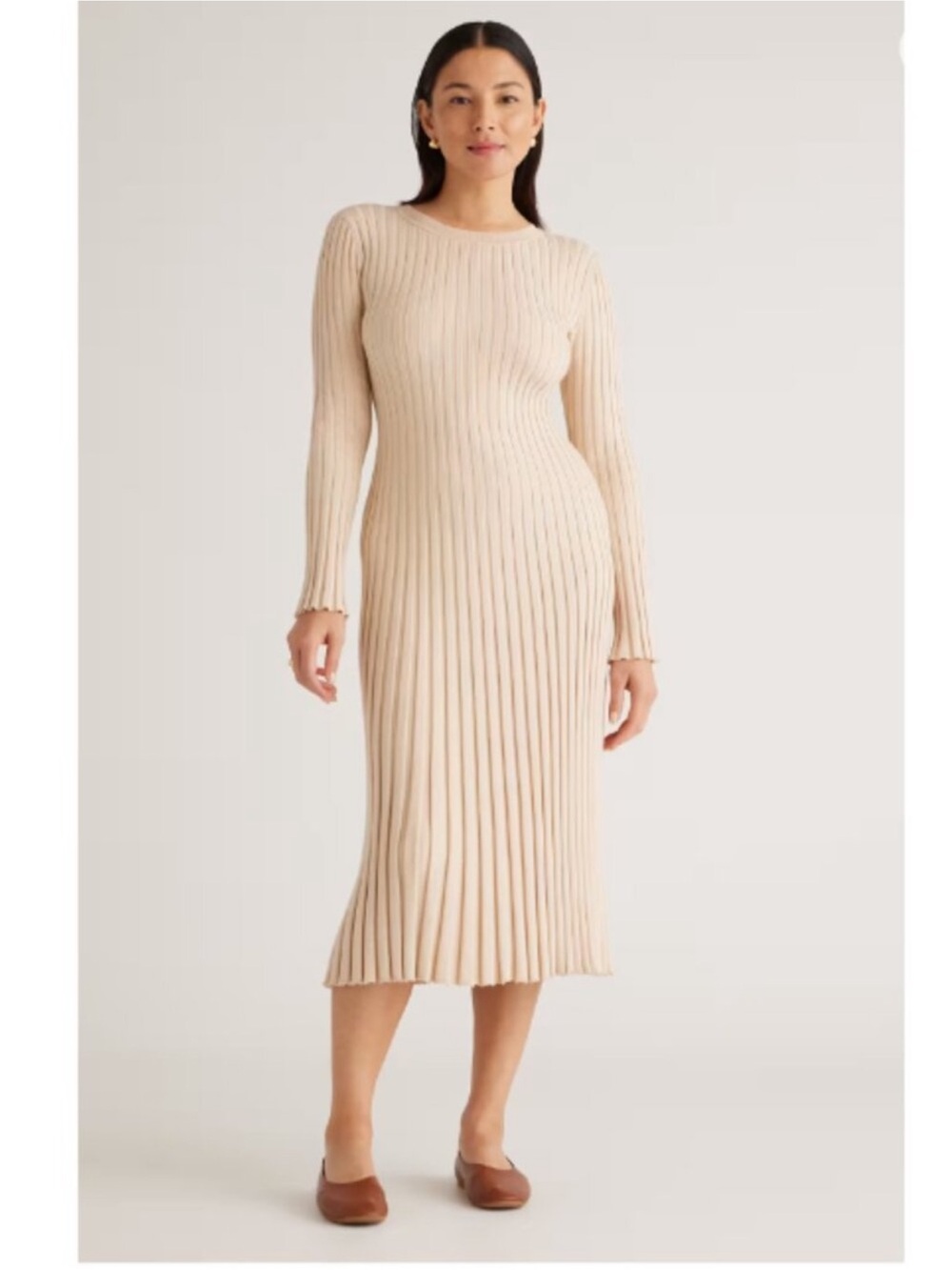Quince Cotton Cashmere Ribbed Long Sleeve Crew Midi Dress Heather Oatmeal XS